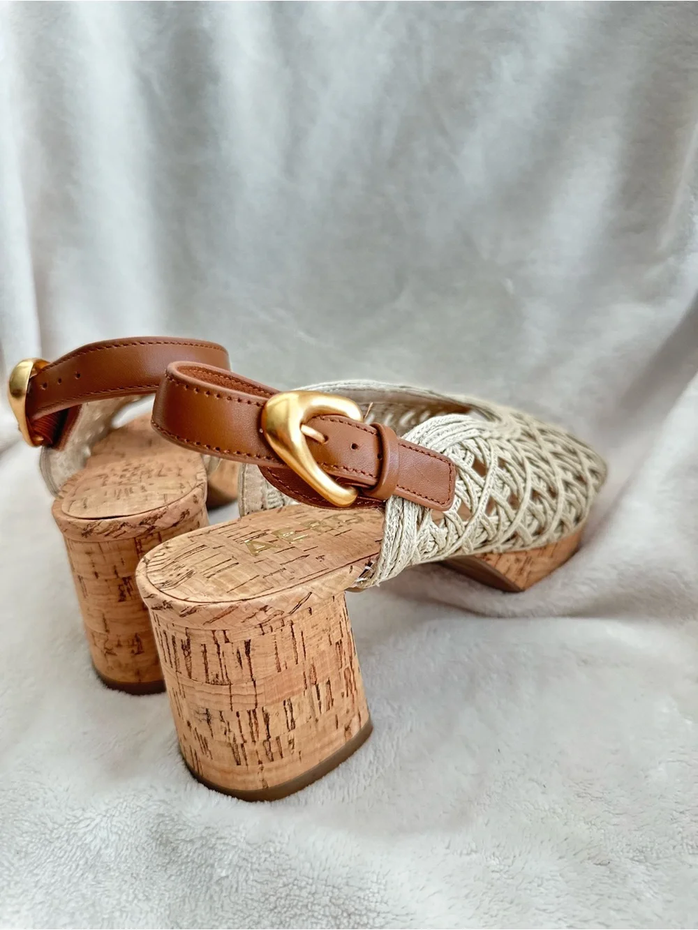 AEROSOLES Cream Woven Cork Wedge Sandals with Tan Ankle Strap